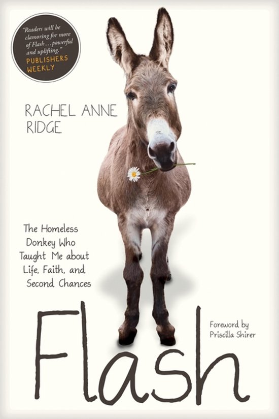 Een ezel met een bloem in zijn mond, met de titel 'Flash' en 'The Homeless Donkey Who Taught Me about Life, Faith, and Second Chances'.