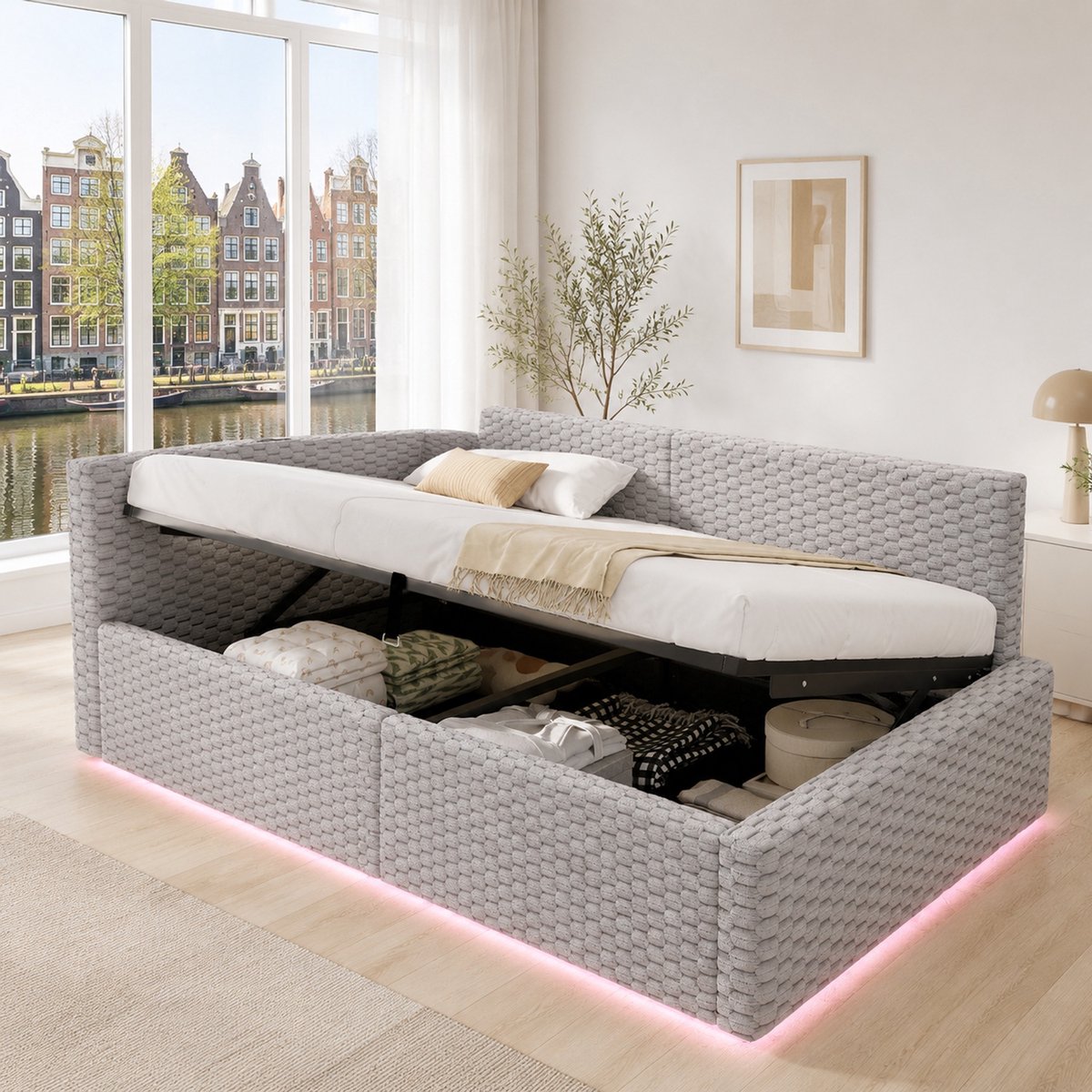 WUVRIE Gestoffeerd bed 90 x 200 cm met LED, USB-C, opbergruimte en hydraulisch bedframe, grijs