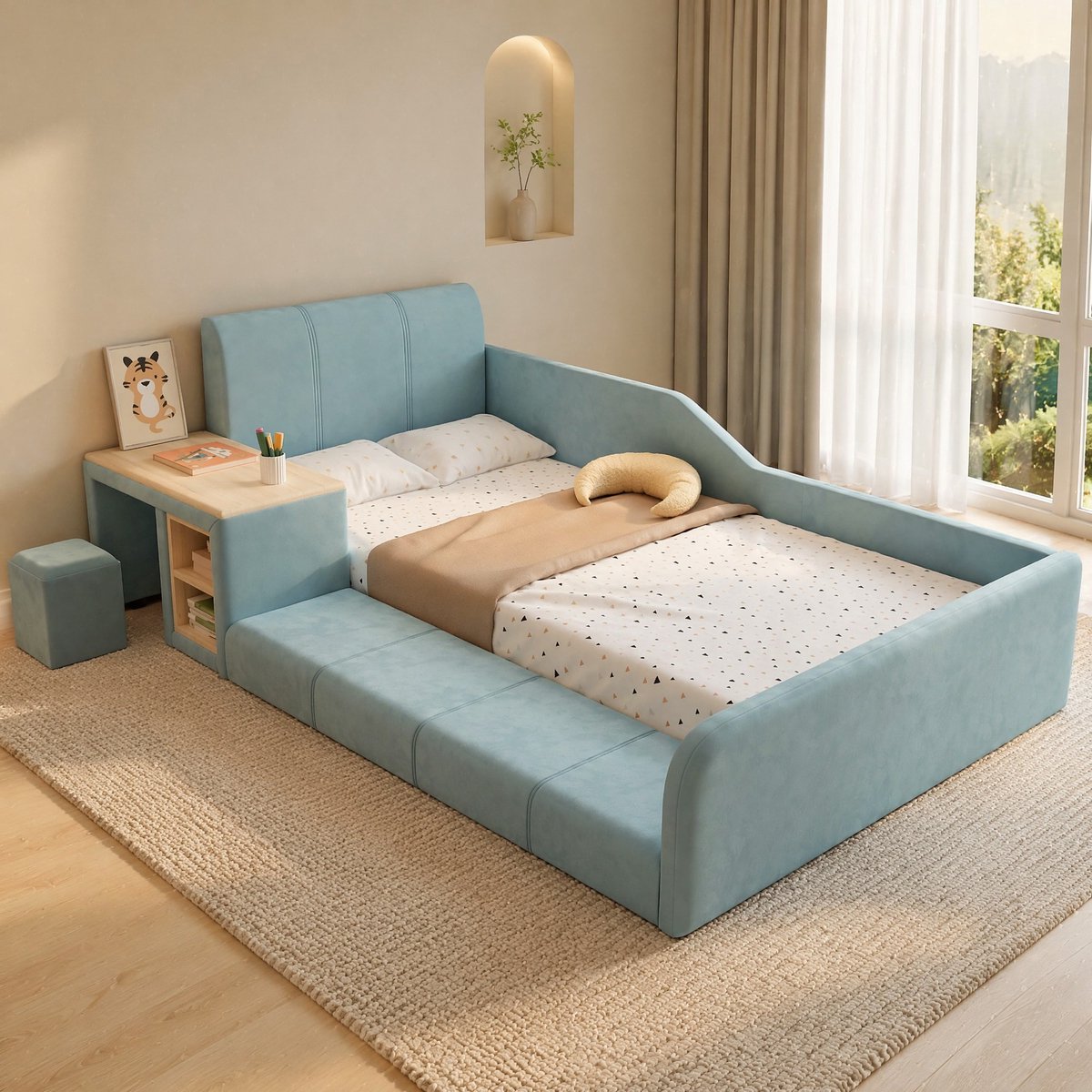 REDOM - Kinderbed - Met bureau en hocker - Met opberglade - Gestikt hoofdeinde - Moderne stijl - Kinderkamer - Stof en hout - Blauw - 212 x 125 x 69 cm