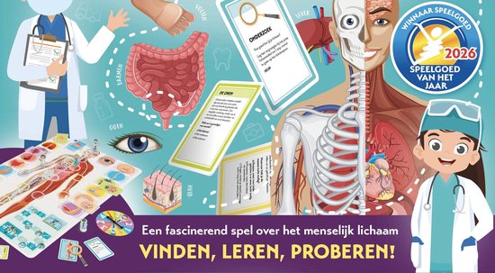 Bordspel 'Ik leer het Menselijk Lichaam' met illustraties van organen, botten en een halve skeletkop.