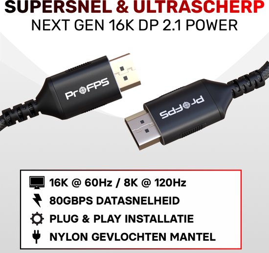 Zwarte ProFPS DisplayPort 2.1 kabel met goudkleurige connectoren. Biedt 16K @ 60Hz, 8K @ 120Hz, 80Gbps.