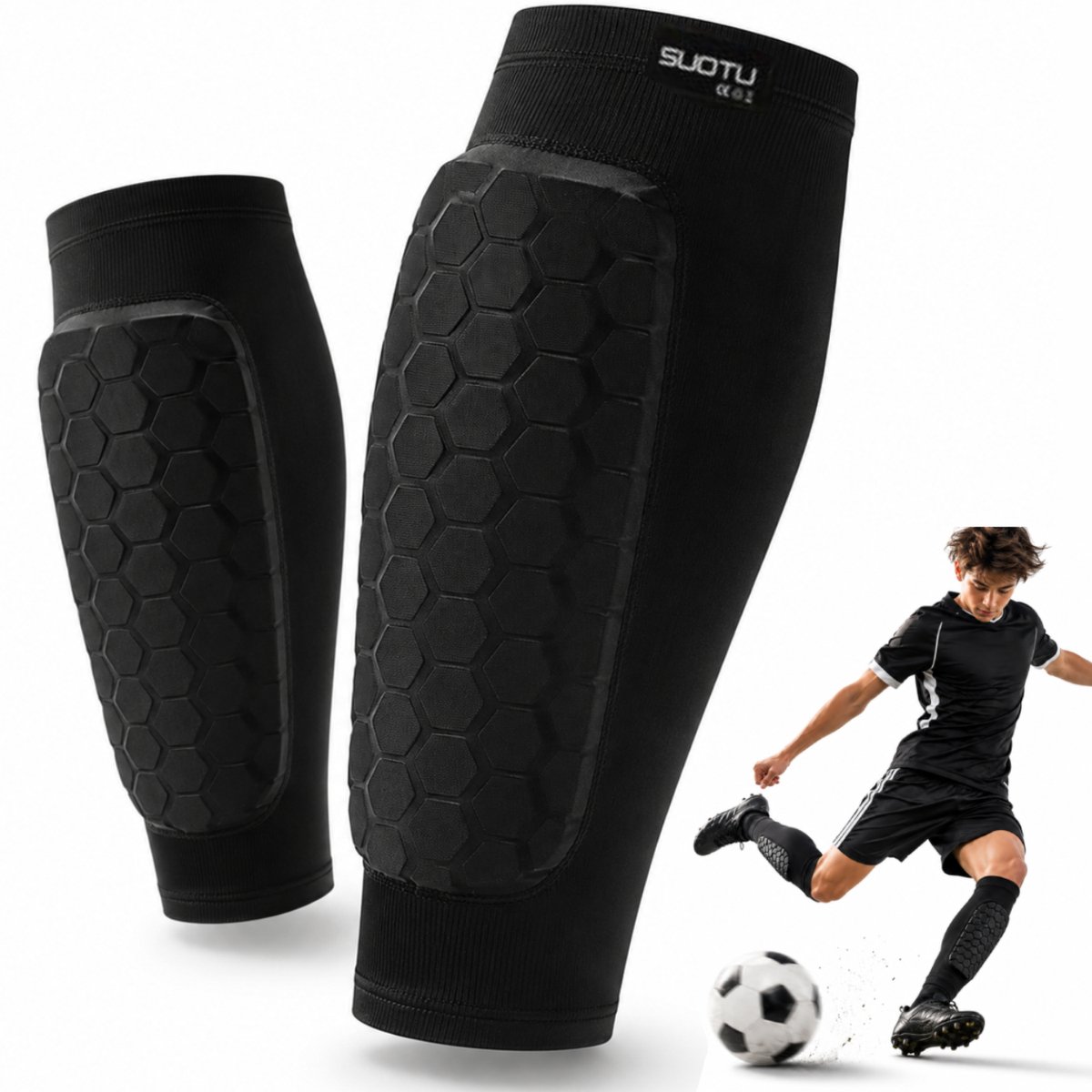 Suotu Scheenbeschermers Voetbal - Shin Guards - Geschikt voor Skiën, Voetbal en Sport - Maat M - Antislip - Zwart