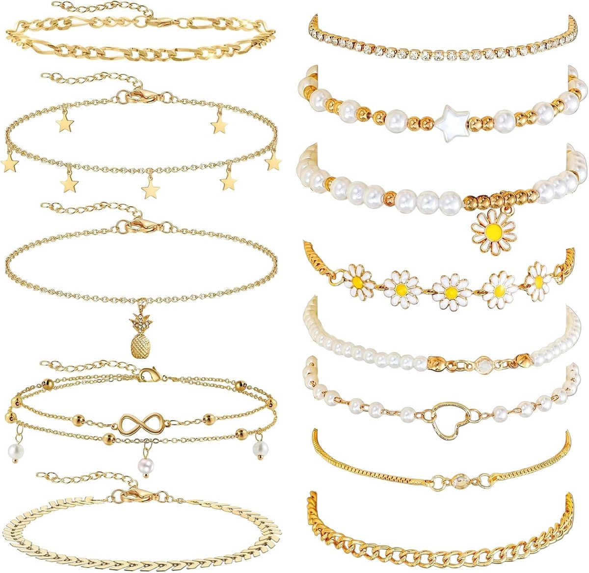 Elegante 13-delige set damesenkelbandjes van goud en zilver, stijlvolle enkelkettinkjes van hoge kwaliteit voor elke gelegenheid
