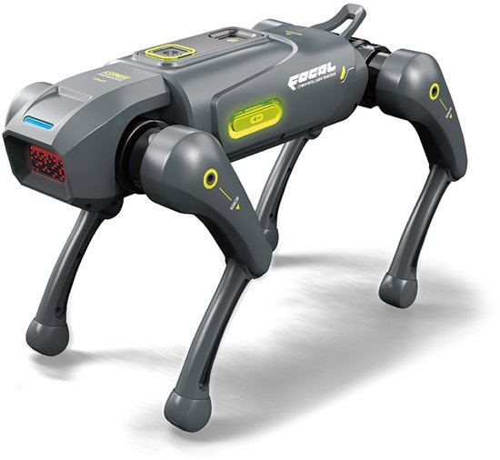 Grijze robot hond met gele accenten en een rood gestippelde voorzijde.