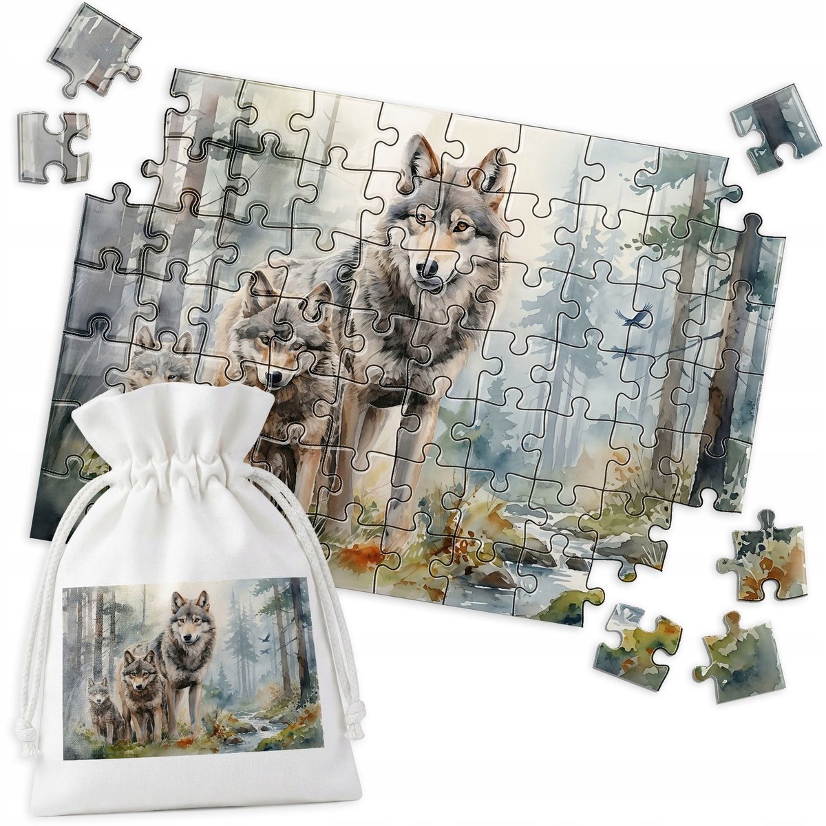 Houten Puzzel - Drie Wolven, Bos, Aquarel, Natuur - 70 Stukjes