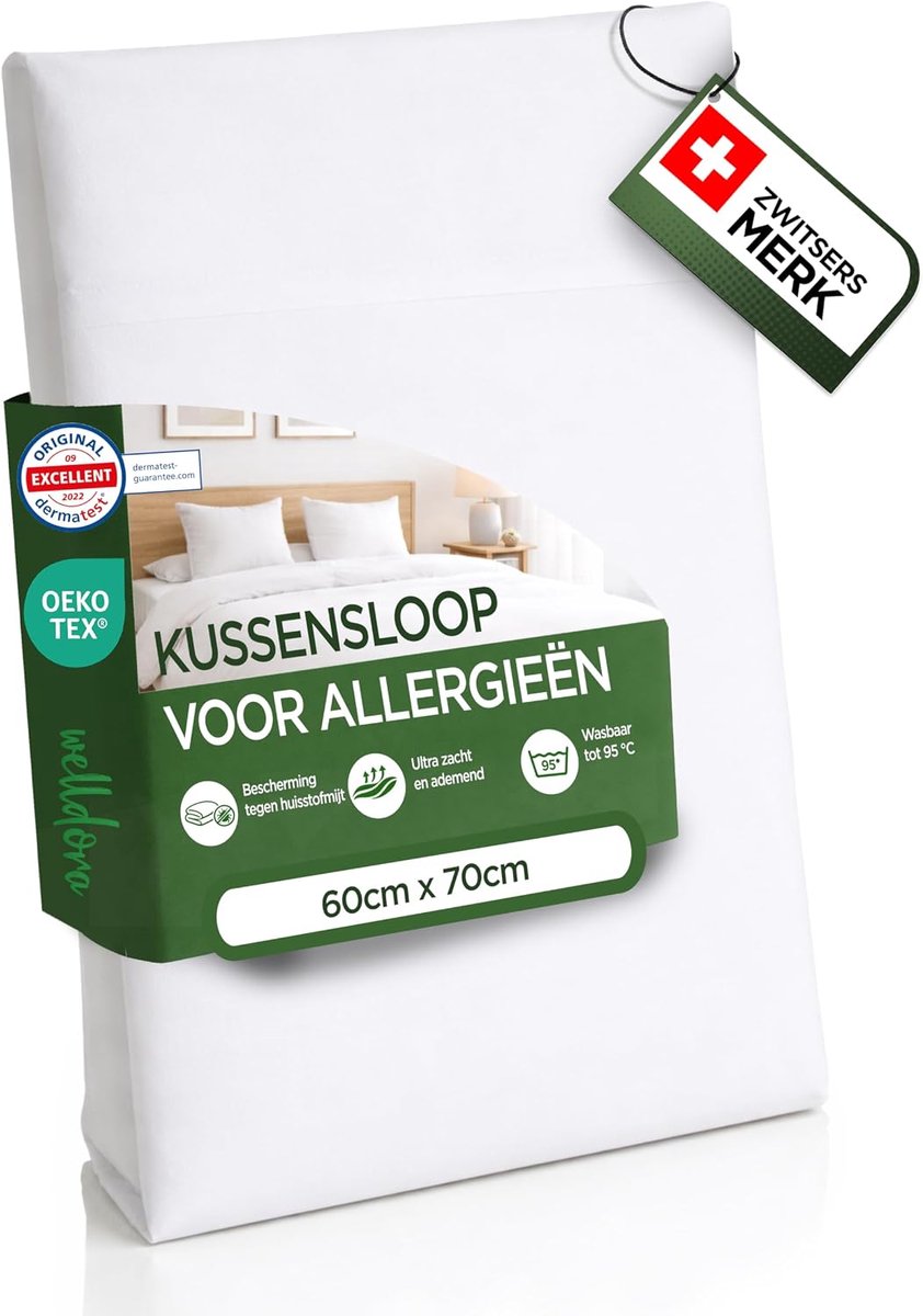 Allergie kussenhoes 60x70 cm, 2 stuks, anti-mijt hoes met rits, microvezel, wit