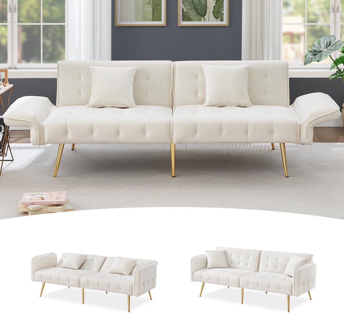 MUVANO 2-zits slaapbank fluweel - slaapbank met verstelbare rugleuning - witte multifunctionele sofabed - 178x82x70cm - Slaapfunctie - Woonkamer Wit