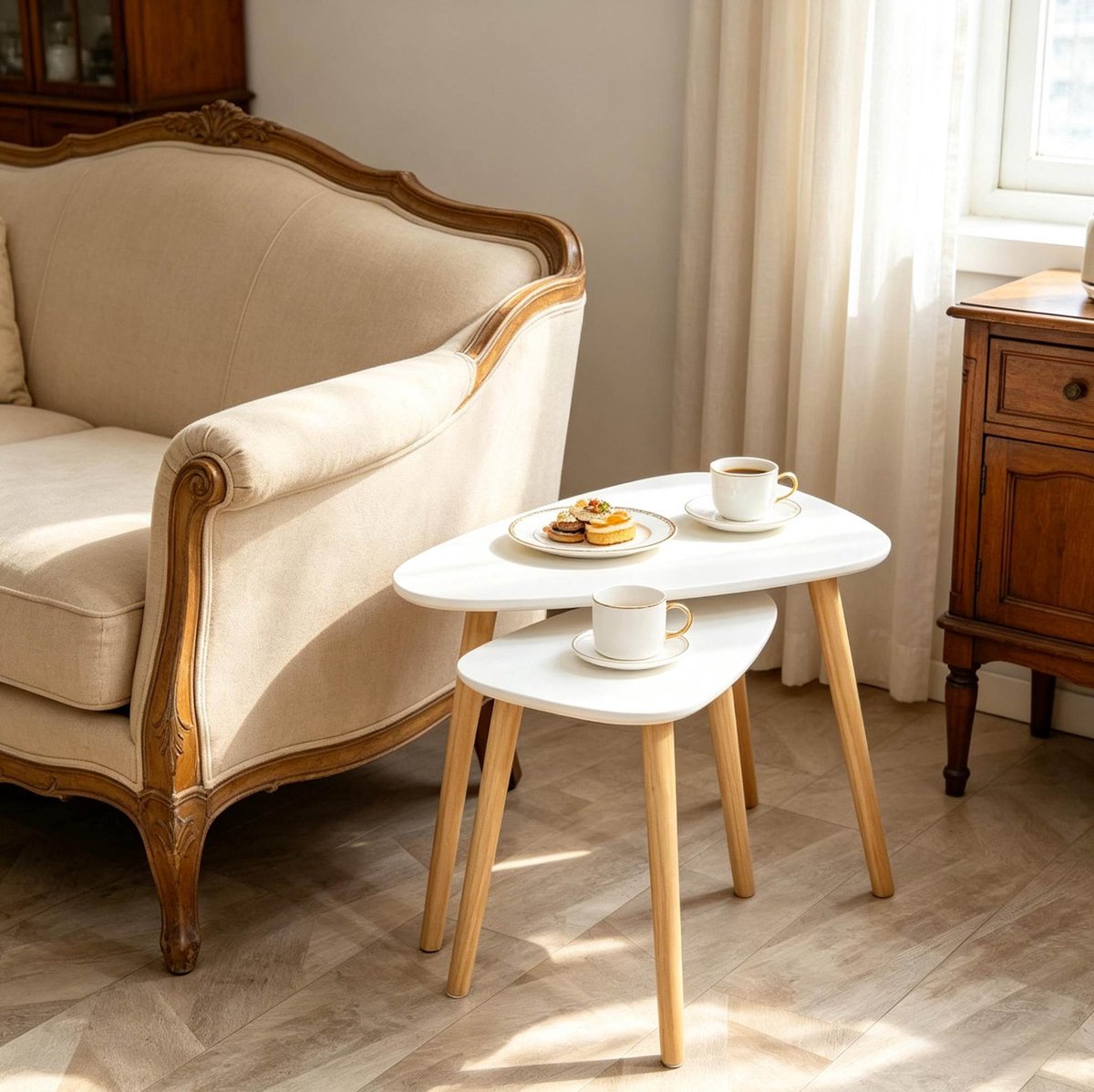 MODENUIT Salontafel Set Van 2 - Driehoekige Nesttafels - Woonkamer En Interieur - MDF En Hout - Wit Naturel - 59,5x39,5x45 Cm