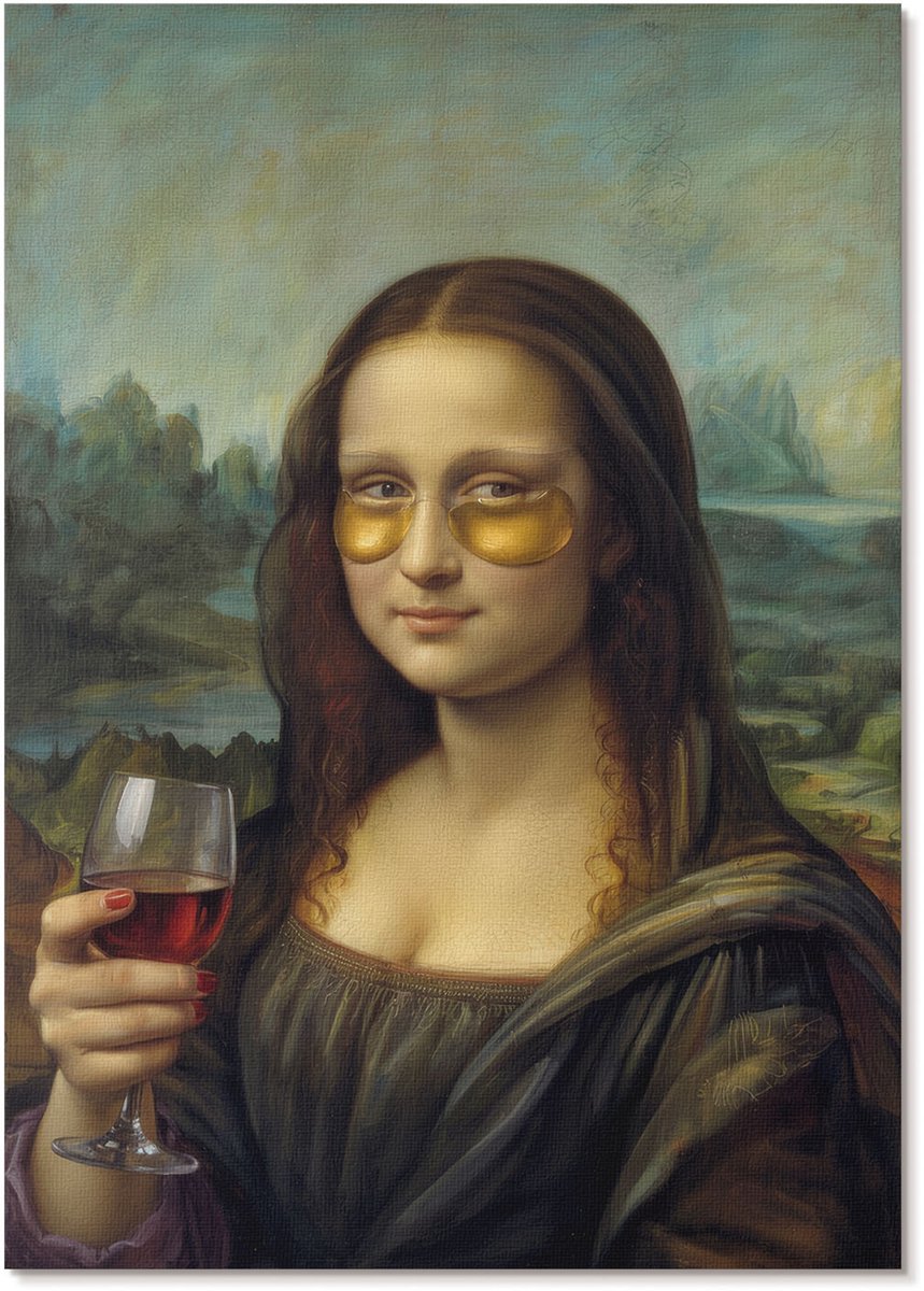 Tulup Polycanvas Wandposter - Mona Lisa Met Wijn, Schilderen - A4 - Bruin Wandposter - Rechthoek - Canvasposter - Woonkamer, Slaapkamer, Kantoor - Klassiek