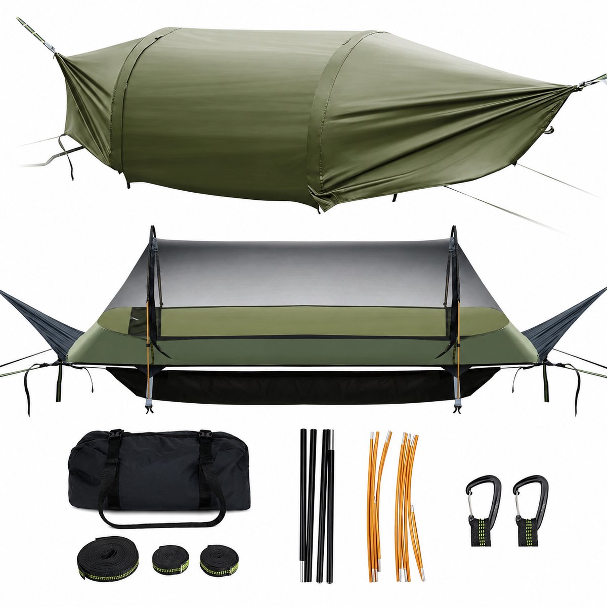 Hangmat met Klamboe – 1 Persoons – Waterdichte Regenhoes – Platte Ligbodem – Voor Camping & Outdoor