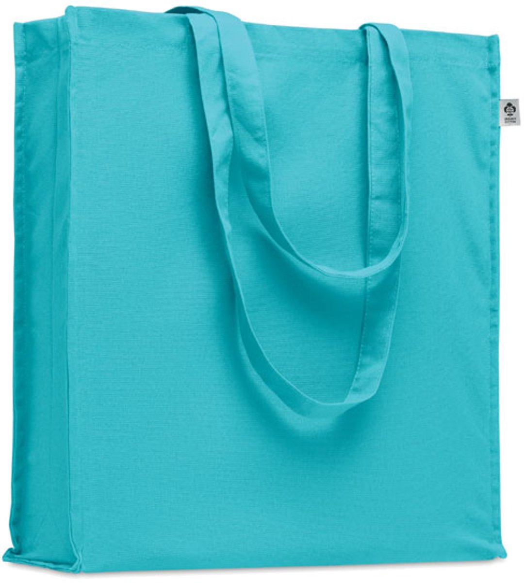 2 stuks Boodschappentas van organisch katoen met lange hengsels en zijvouw. 220 gr/m². Turquoise