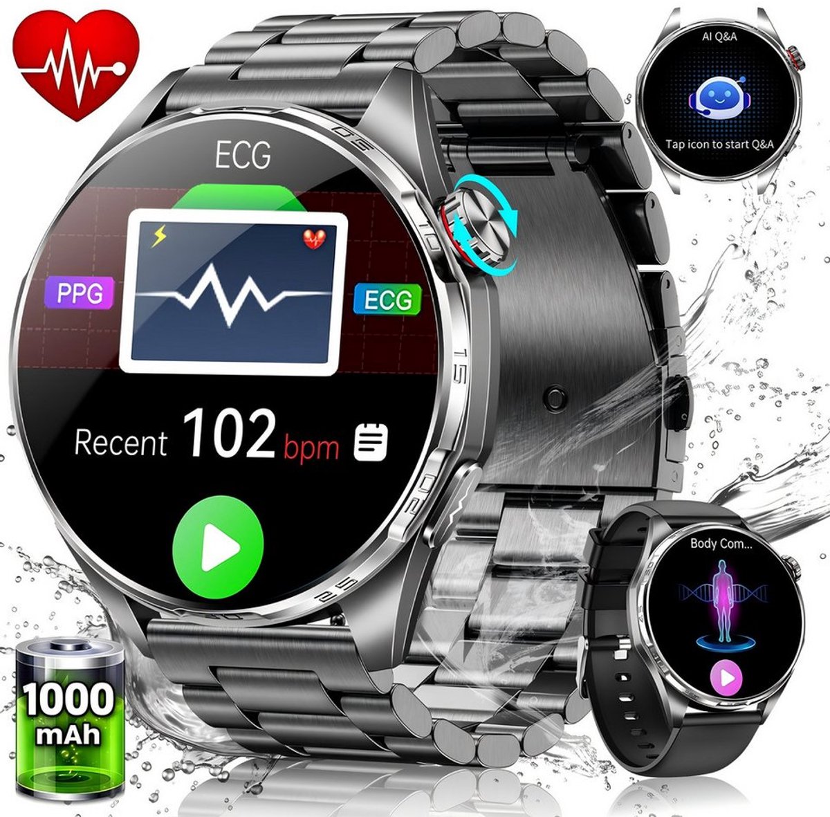 FOSMET Smartwatch Heren en Dames - Horloge Heren - 1,74 inch - AMOLED Scherm - 5ATM Waterdicht - 150+ Sportmodi - Waterdicht - Stappenteller - Hartslagmeter - Slaapmonitor - Belfunctie - Geschikt voor Android en IOS-Elke pols - Zwart