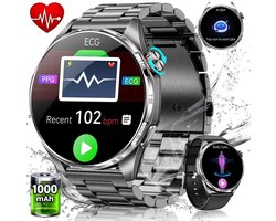 FOSMET Smartwatch Heren en Dames - Horloge Heren - 1,74 inch - AMOLED Scherm - 5ATM Waterdicht - 150+ Sportmodi - Waterdicht - Stappenteller - Hartslagmeter - Slaapmonitor - Belfunctie - Geschikt voor Android en IOS-Elke pols - Zwart