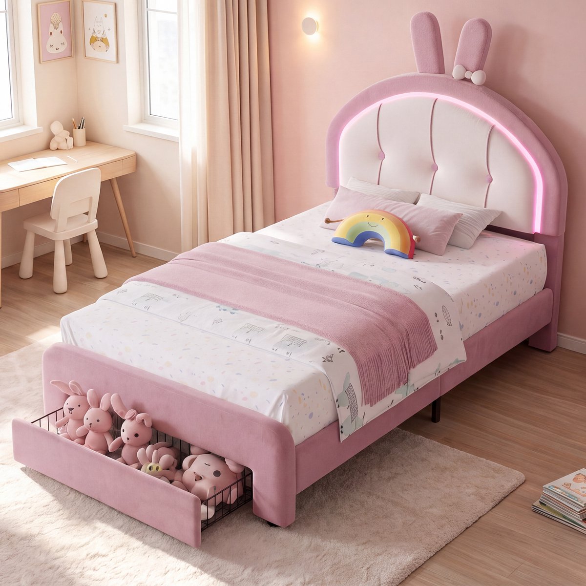 MEXUS Kinderbed 90x200 cm, Eenpersoonsbed Gestoffeerd met ledverlichting, bedframe met konijnenoren, verstelbaar hoofdeinde, lattenbodem, voor meisjes en jongens, fluweel, Roze