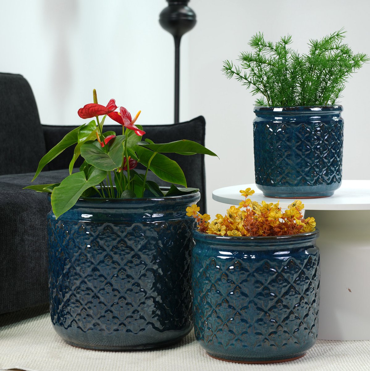 MIVRAY Bloempot Set 3 Delig – Glanzend Diamantreliëf – Ø 38 30,5 23 Cm – Keramiek – Donkerblauwgroen – Voor Binnen En Buiten
