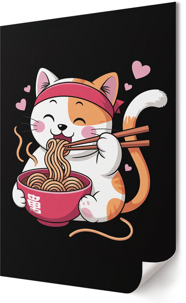 Coloray Polycanvas Poster - Katje Met Pasta, Illustratie - 420 x 594 - Zwart Design - Rechthoek - Decoratieve poster - Woonkamer, Slaapkamer, Kantoor - Kinder