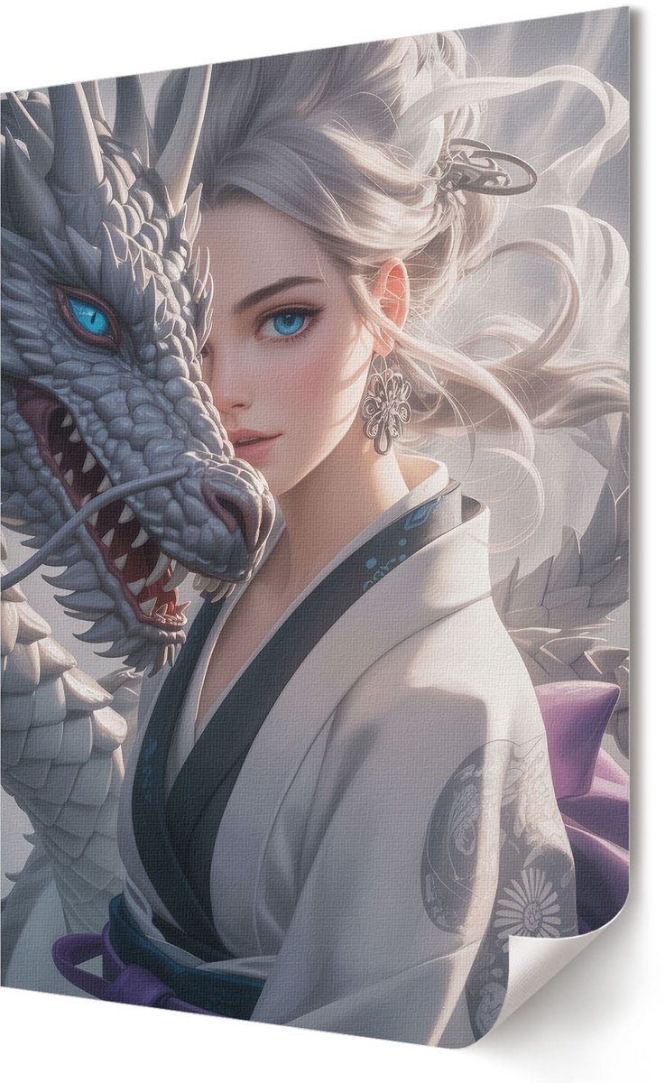 Coloray Polycanvas Wandposter - De Vrouw En De Draak, Illustratie - 420 x 594 - Grijs Decoratie - Rechthoek - Canvasposter - Woonkamer, Slaapkamer, Kantoor - Anime/manga