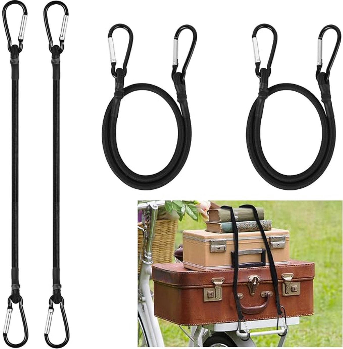 Snelbinders Fiets - fietsbinder - Fiets Elastisch Touw - Bagagekoord - Bungee-Koorden - Verstelbare - Met Dubbele Haken - voorwerpen op auto's, vrachtwagens, motorfietsen en fietsen te bevestigen - 4 stuks - 60 cm - zwart