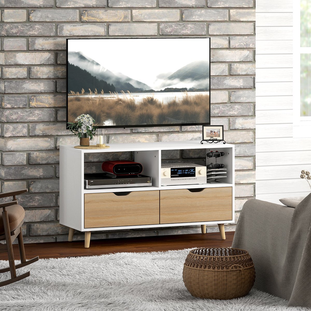 REDOM - TV meubel - 2 open vakken en 2 lades - Opbergruimte voor kabels en accessoires - Moderne minimalistische stijl - Woonkamer - Hout - Wit - 99 x 39 x 58 cm