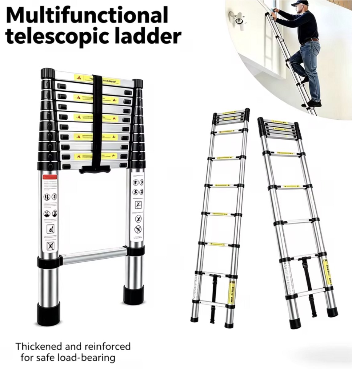 NextNovaDeals Telescopische Ladder - 2,6M tot 6,3M - RVS - EN131 Gecertificeerd - 150 Kg Draagvermogen - Met Stabilisator - Antislip