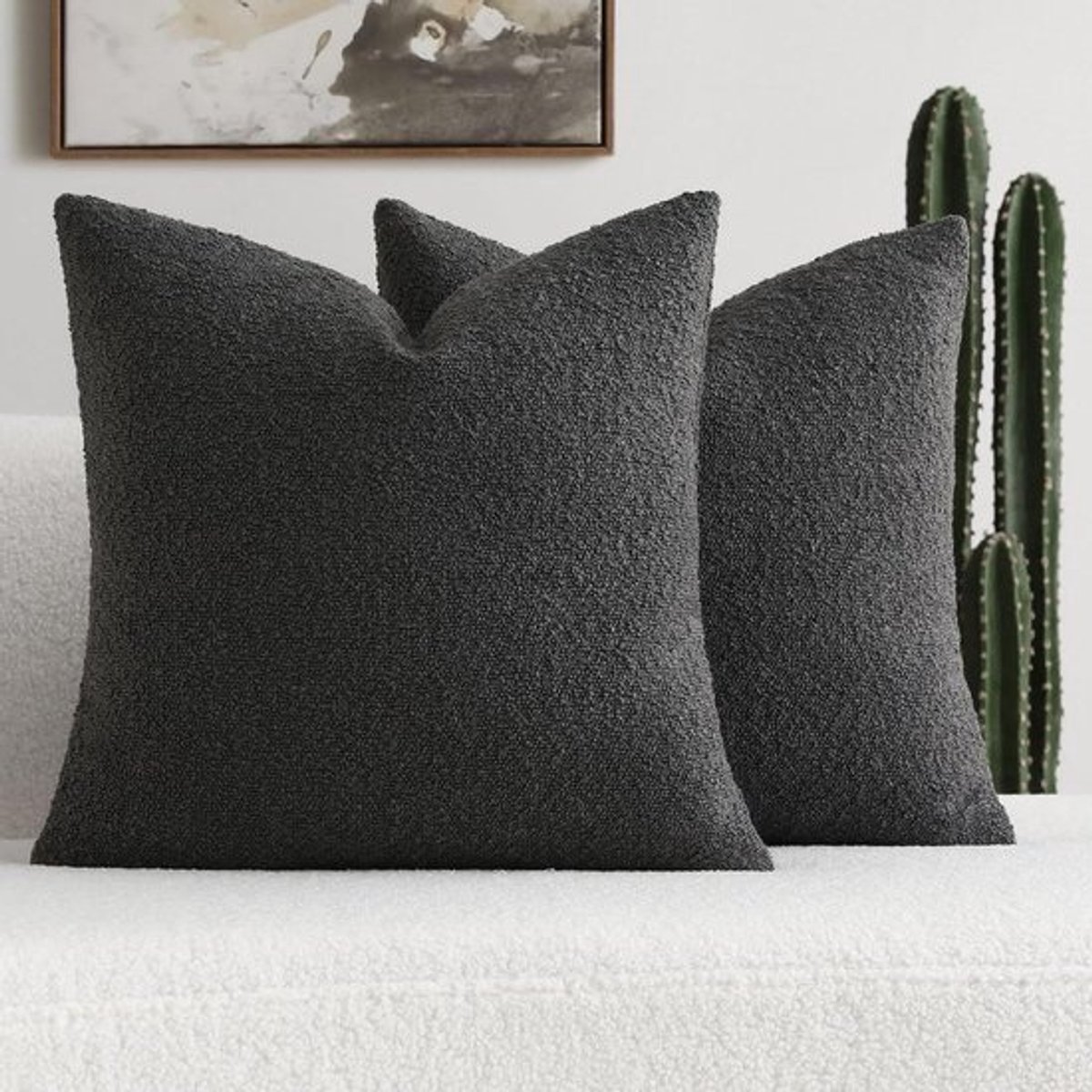 Decoratieve Sierkussenhoezen - Kussenhoezen Set - Woonkamer Decoratie - Bouclé Textuur - 60 x 50 cm - Donkergrijs