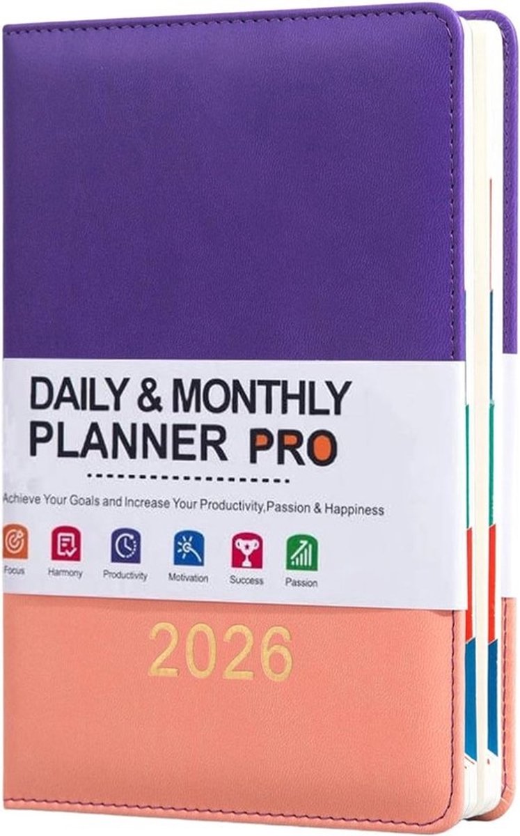 Agenda 2026 - Kalenderboek Jaarplanner - Dagelijkse Planning - Leren Omslag - A5 - Roze Paars