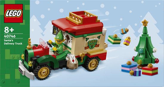 LEGO 40746 Bezorgtruck van de Kerstman, met elf, kerstboom en cadeautjes op een besneeuwde achtergrond.