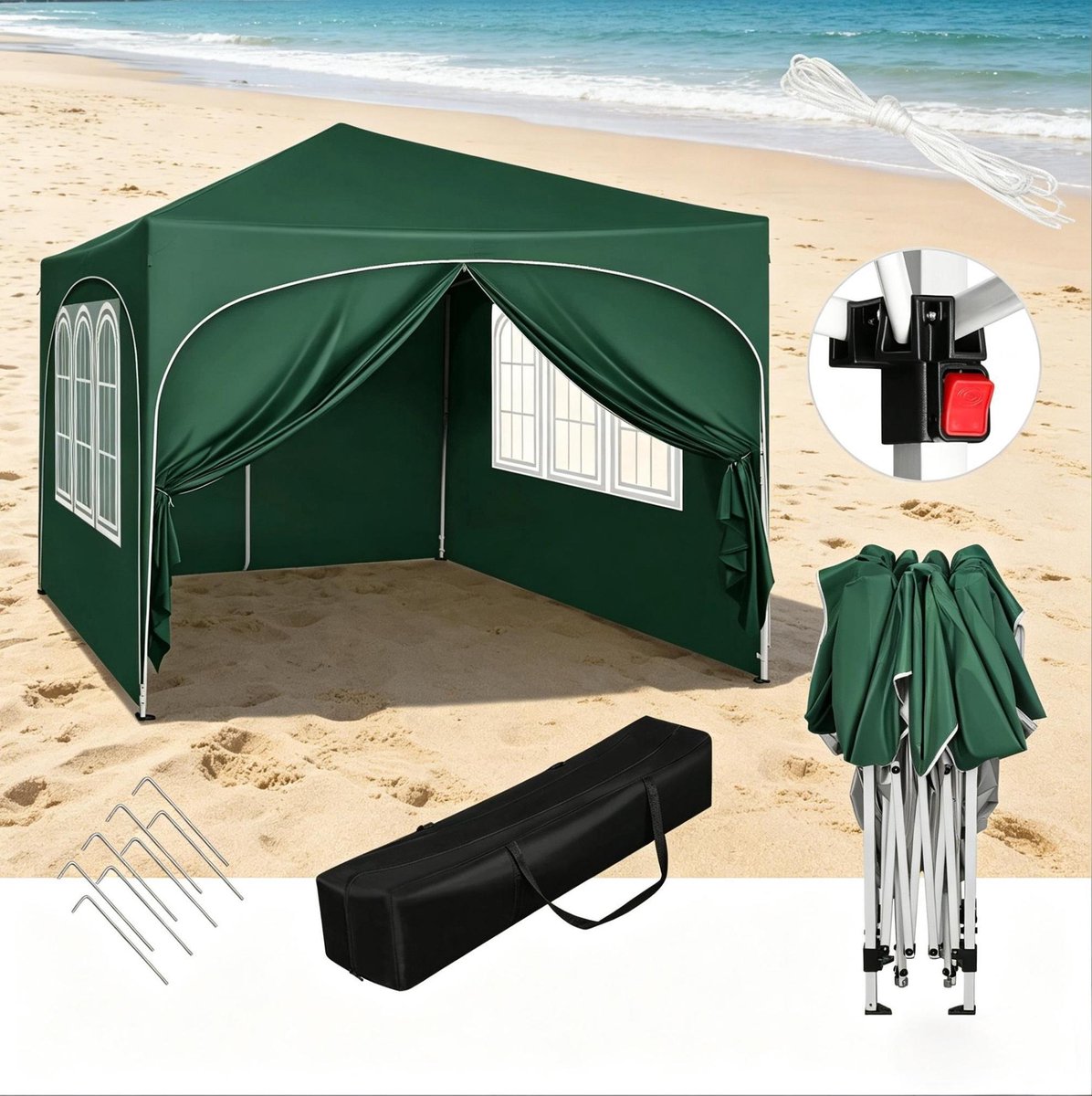 Wishdor Partytent - Paviljoen met afneembare zijkanten - Verstelbare hoogte en opvouwbaar - Voor tuin, feest en evenement - Oxford stof - Groen - 3 x 3 m