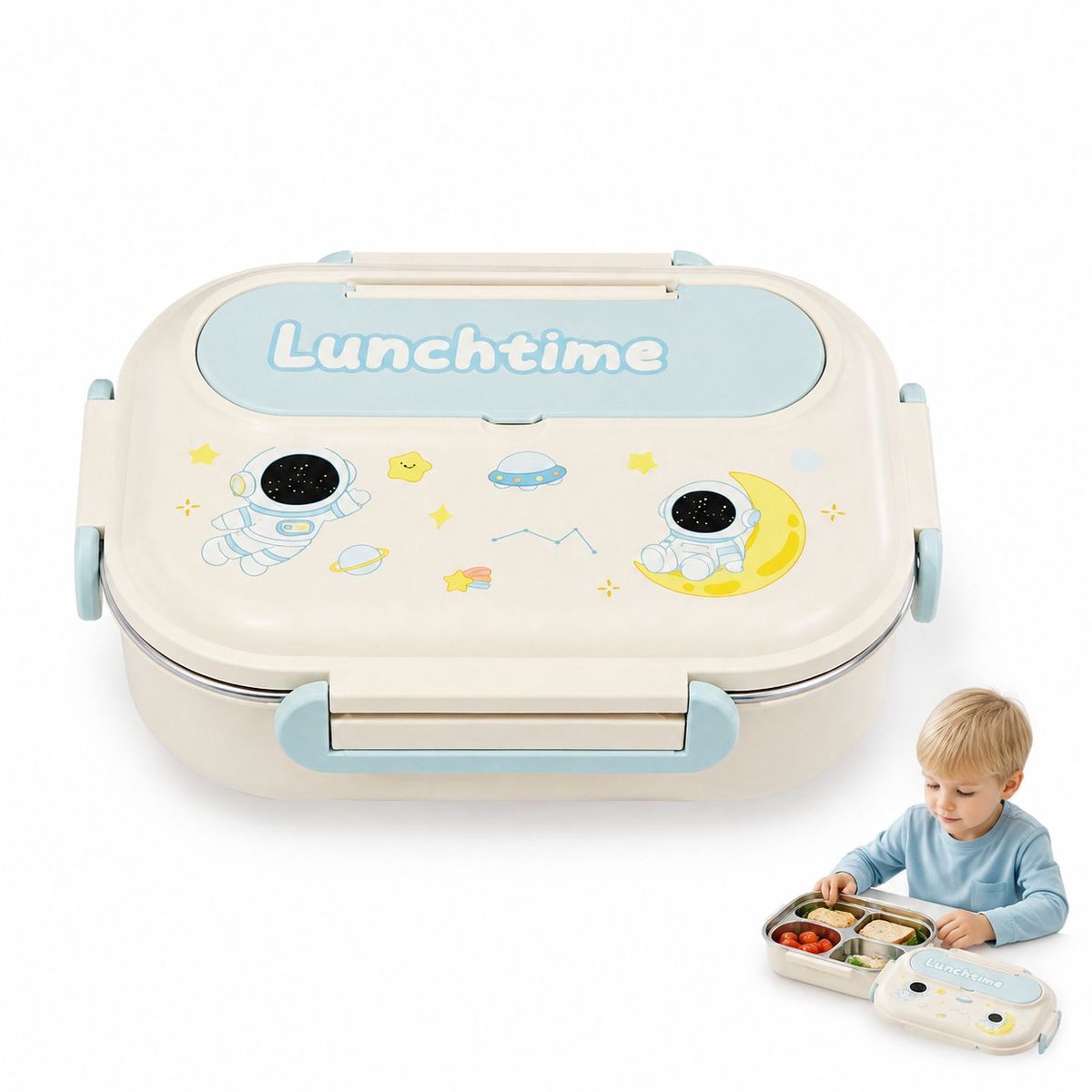 VHV - Broodtrommel - RVS Lunchbox - Warmhoudfunctie - 4 Vakken - 28x20.5x8.8 cm - Met Vakken - Voor Kinderen - Blauw