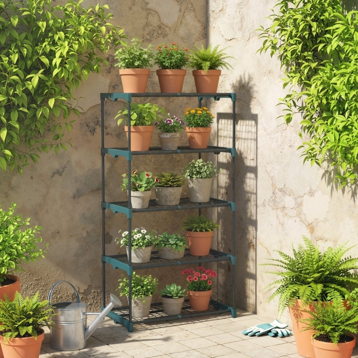 MODFU-5-Laags Plantenrek-Open Rek-Donkergroen-Binnen En Buiten-Staal-67 X 49 X 138 Cm