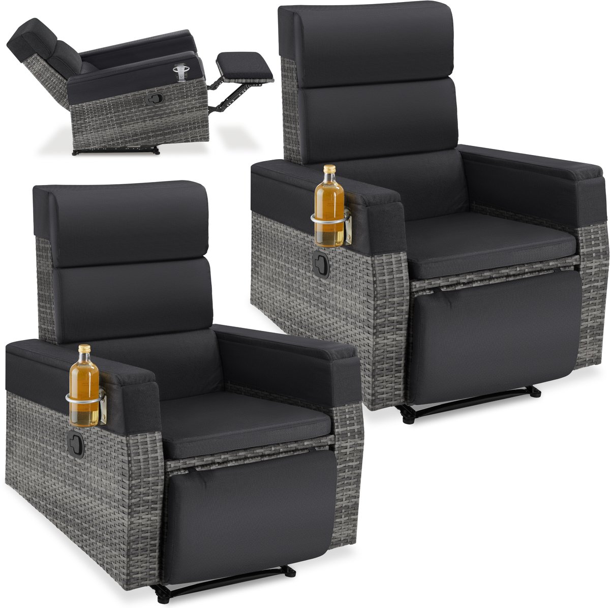 tectake® Wicker Loungestoelen - Set van 2 Tuinstoelen - Verstelbare Rugleuning - Stevig Aluminium Frame - Weerbestendig - Afneembare Kussens en Wasbare Hoezen - Met Drankhouder en Uitklapbare Voetensteun