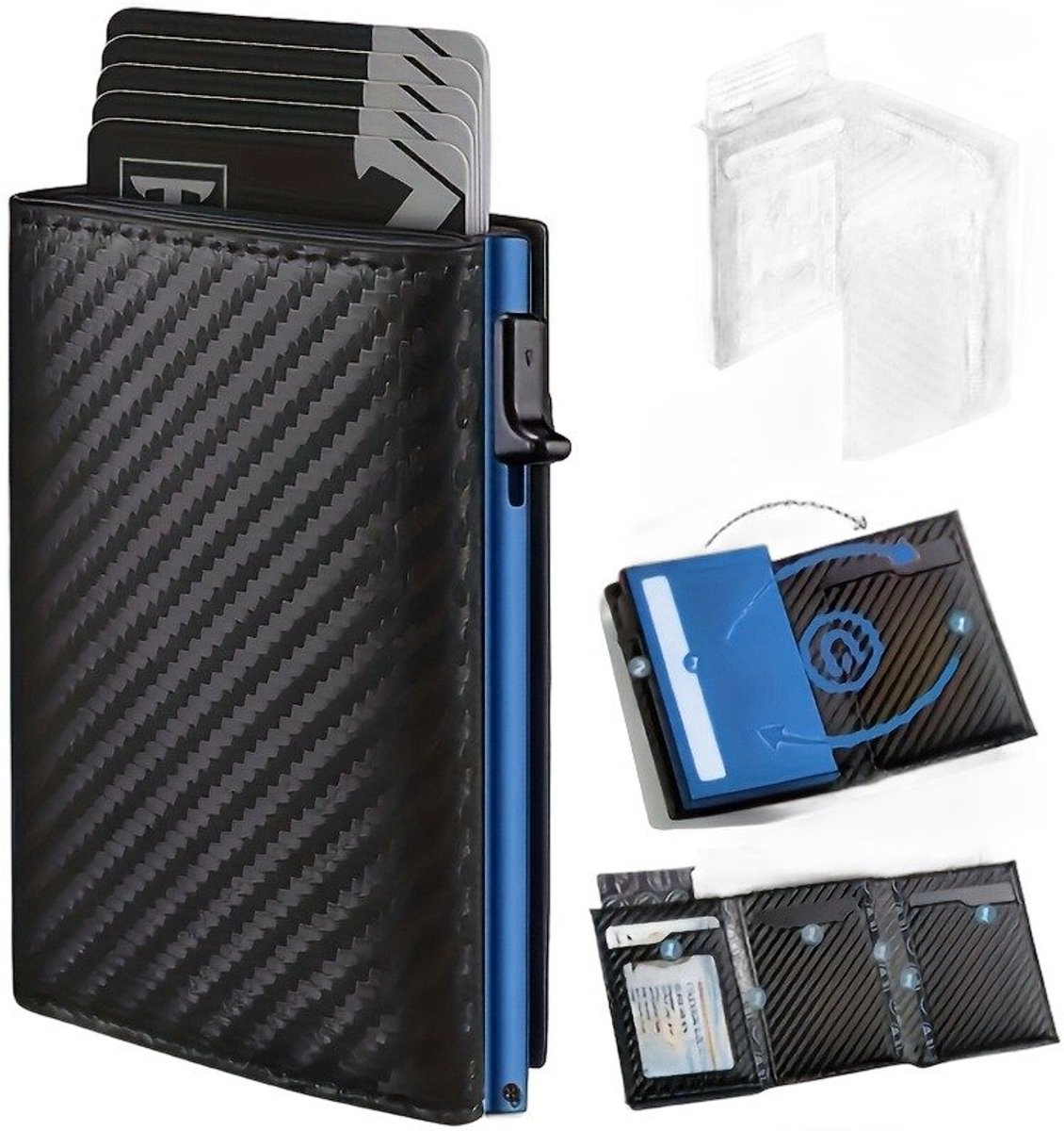 Currero Portomonee - Portemonnee Dames & Heren - RFID Anti Skim - Pasjeshouder - Klein Model - Met Rits - Kunstleer - Koolstofvezel Blauw