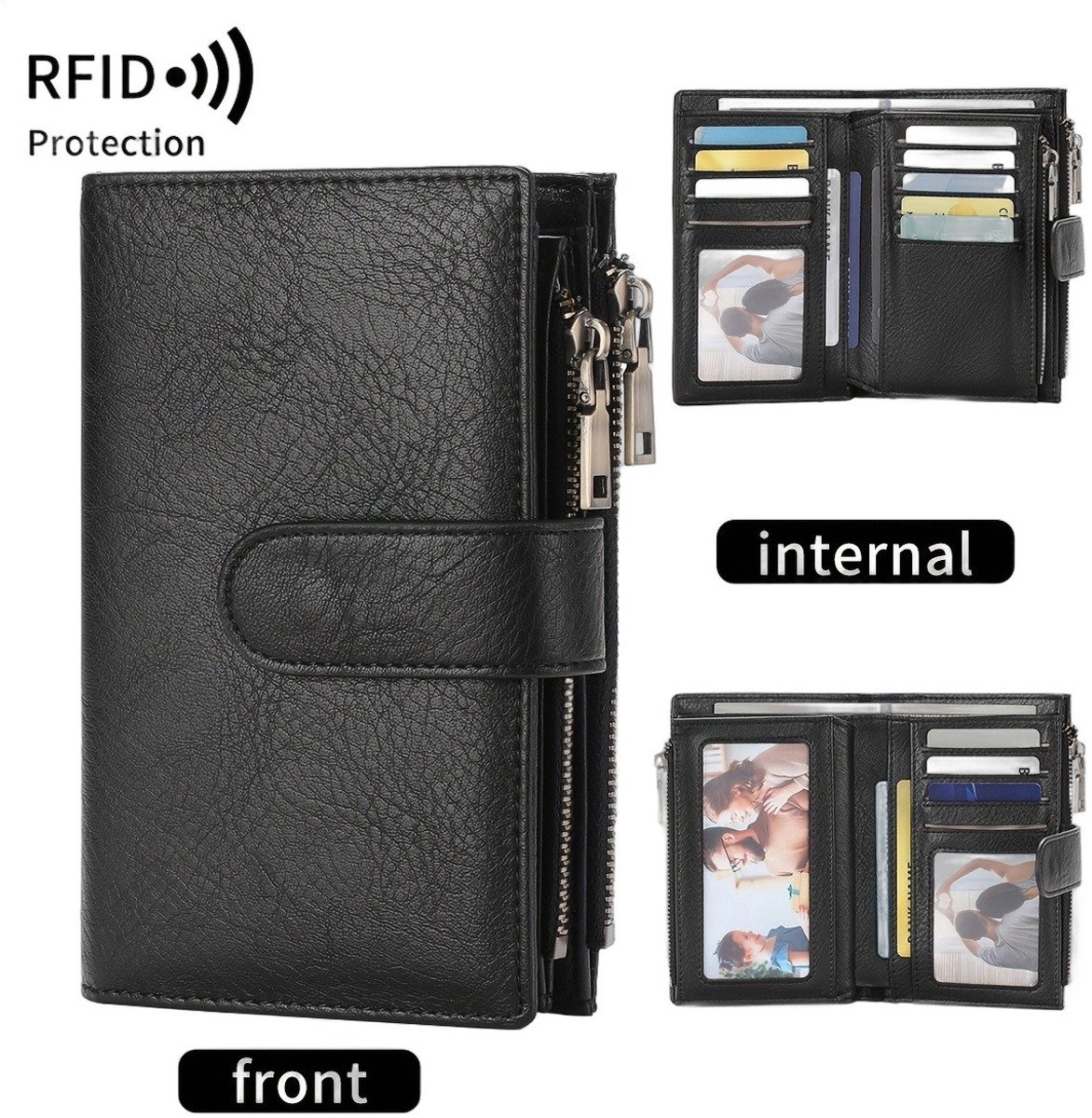 Currero Portomonee - Portemonnee Dames & Heren - RFID Anti Skim - Pasjeshouder - Klein Model - Met Rits - Kunstleer - Zwart