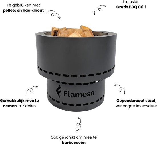 Zwarte Flamesa vuurkorf van gepoedercoat staal, geschikt voor pellets en haardhout. Inclusief BBQ grill.