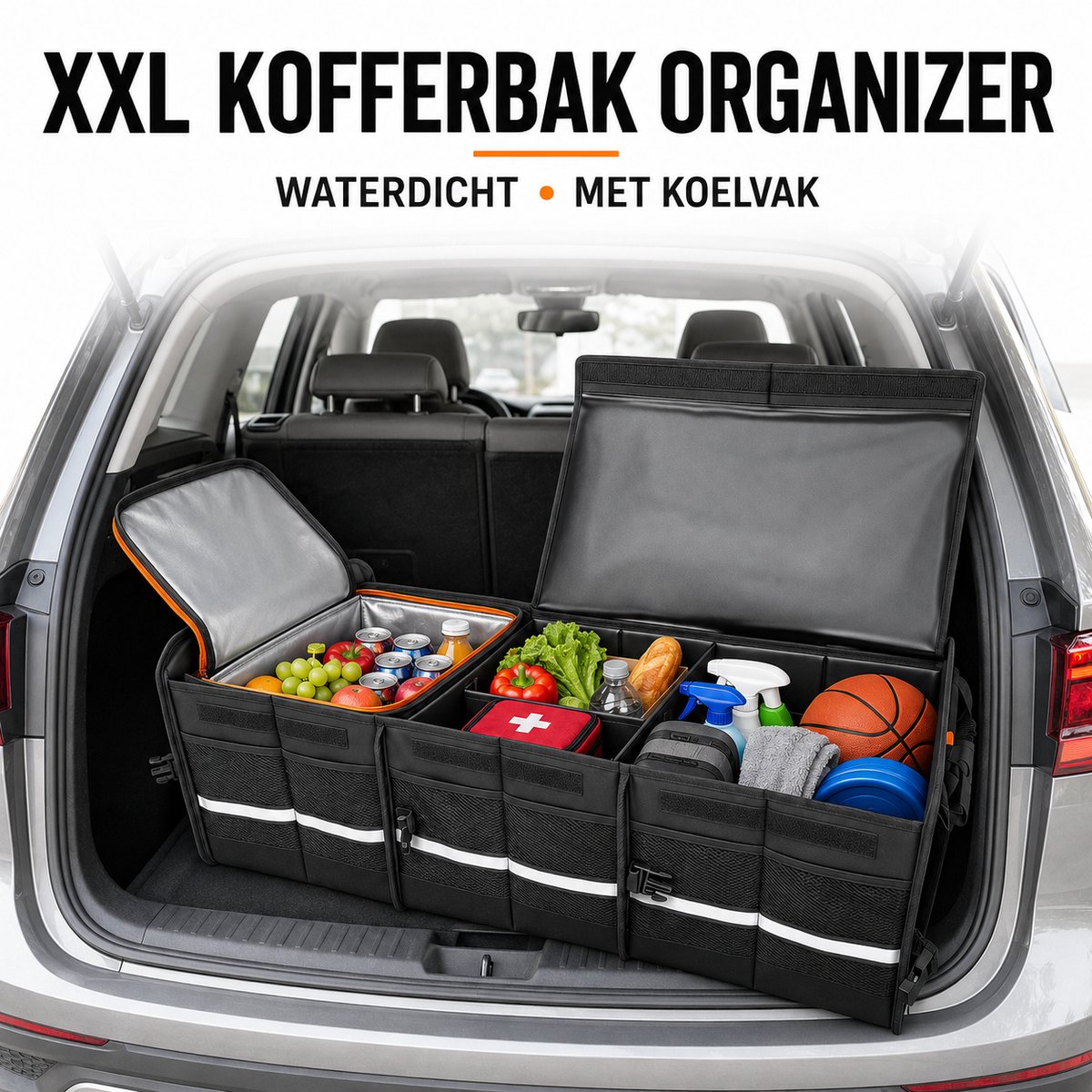 XXL Kofferbak Organizer met Koelvak – Waterdichte Opvouwbare Auto Opbergbox met Verstelbare Vakken, Deksel en Bevestigingsriemen – Voor Auto, SUV en Camper – Zwart