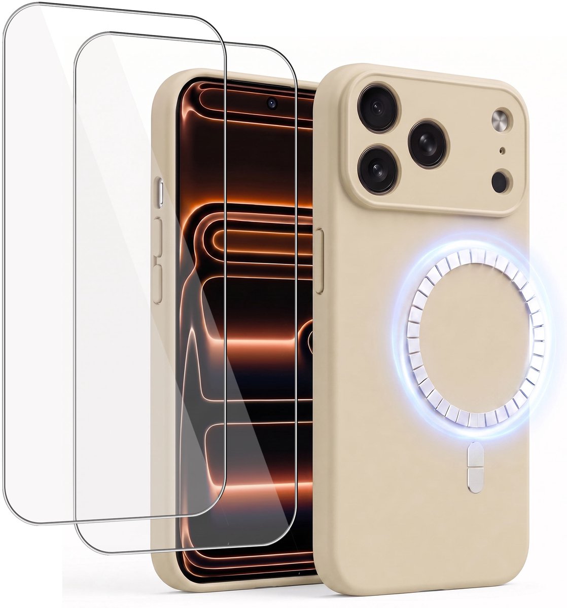 Hoesje + 2x Screenprotector geschikt voor Apple iPhone 17 Pro - Hoesje geschikt voor Magsafe - Draadloos opladen - Gehard Glas - Creme