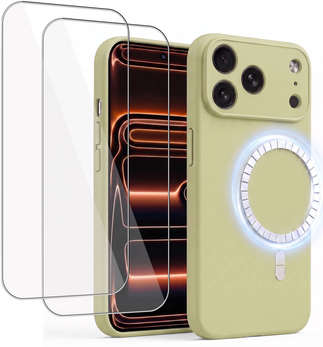 Hoesje + 2x Screenprotector geschikt voor Apple iPhone 17 Pro - Hoesje geschikt voor Magsafe - Draadloos opladen - Gehard Glas - Salie Groen