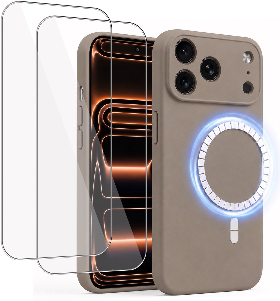Hoesje + 2x Screenprotector geschikt voor Apple iPhone 17 Pro Max - Hoesje geschikt voor Magsafe - Draadloos opladen - Gehard Glas - Taupe