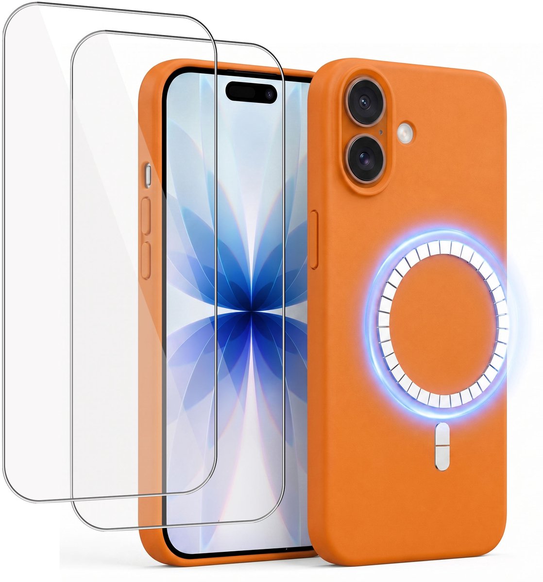 Hoesje + 2x Screenprotector geschikt voor Apple iPhone 17 - Hoesje geschikt voor Magsafe - Draadloos opladen - Gehard Glas - Oranje