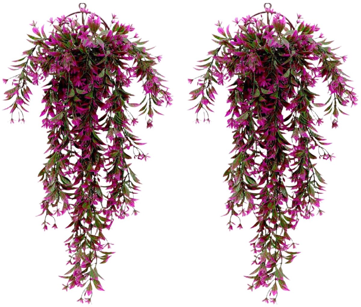 2 stuks hangende kunstplanten, 78 cm, paarse bloemen, 5 takken met rotandesign, decoratie voor binnen en buiten, wanddecoratie, tuin, feest, tuin