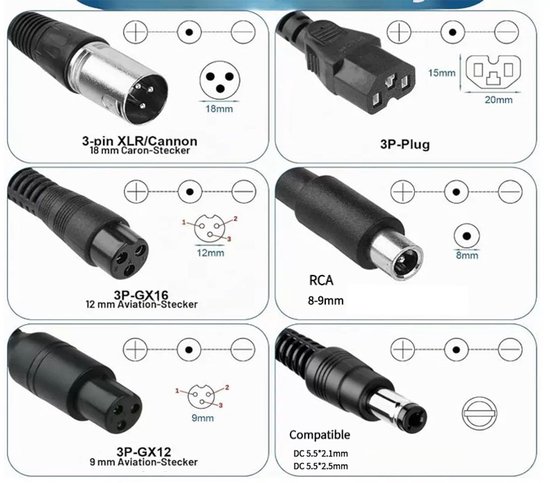 Oplader voor elektrische fietsen - inclusief 6 adapters - universele 42V 2A lader - maximaal vermogen 84W - geschikt voor loopfietsen, driftdriewielers, elektrische scooters, enz. van Merkloos — afbeelding 2