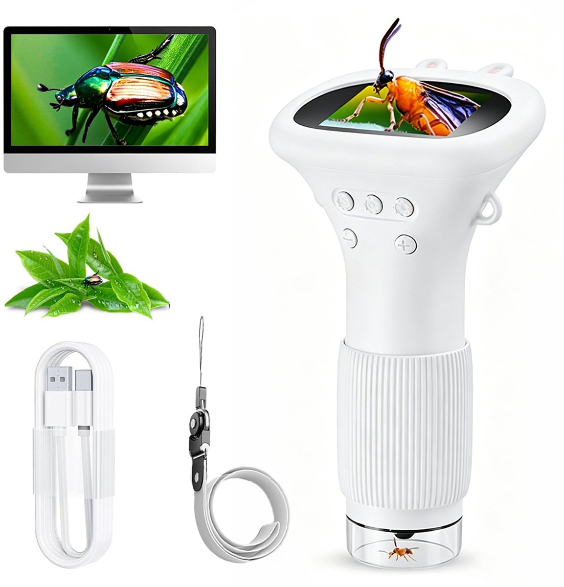 Kindermicroscoop – Digitale microscoop – Optische microscoop – Vergrootglas – Uitgerust met een 2-inch IPS-scherm – 2MP – 1000x vergroting – 8 LED's – 600mAh – USB-aansluiting – Draagbaar – Educatief speelgoed – Wit