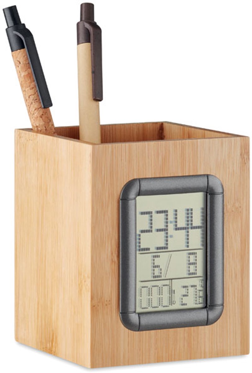 Multifunctionele Wekker met Pennenhouder - Digitale Klok van Bamboe Hout - Wekker met Temperatuur- en Luchtvochtigheidsmeter - Bureau Organizer voor Studenten en Kantoor - Houtlook