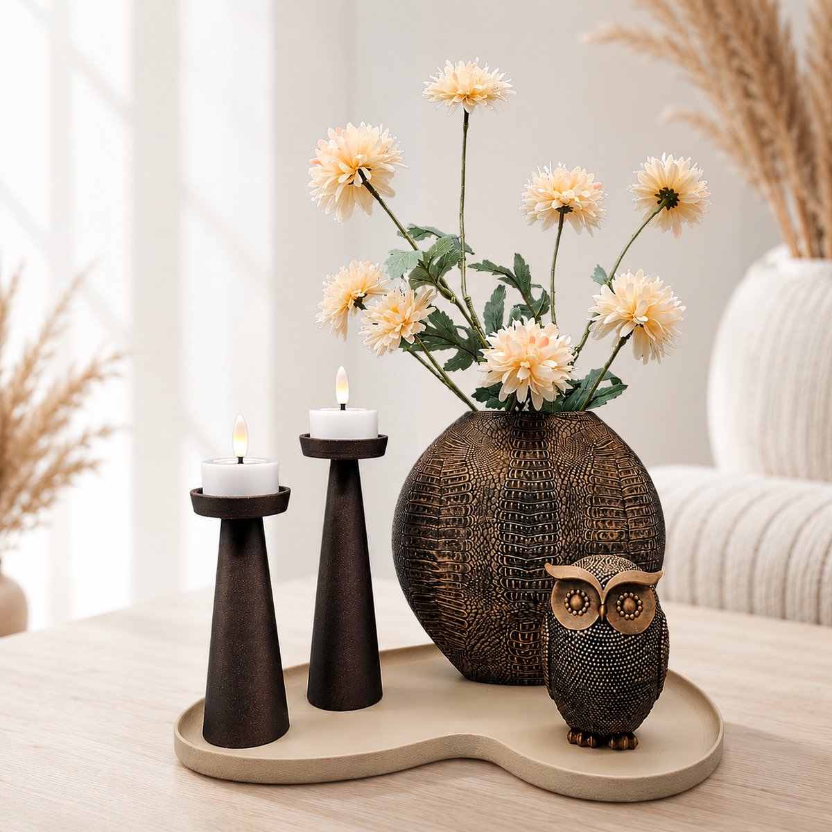 Luxe Decoratieset Beige & Bruin – Organisch Dienblad met Vaas, Uil & LED Waxines 3D geprint uniek