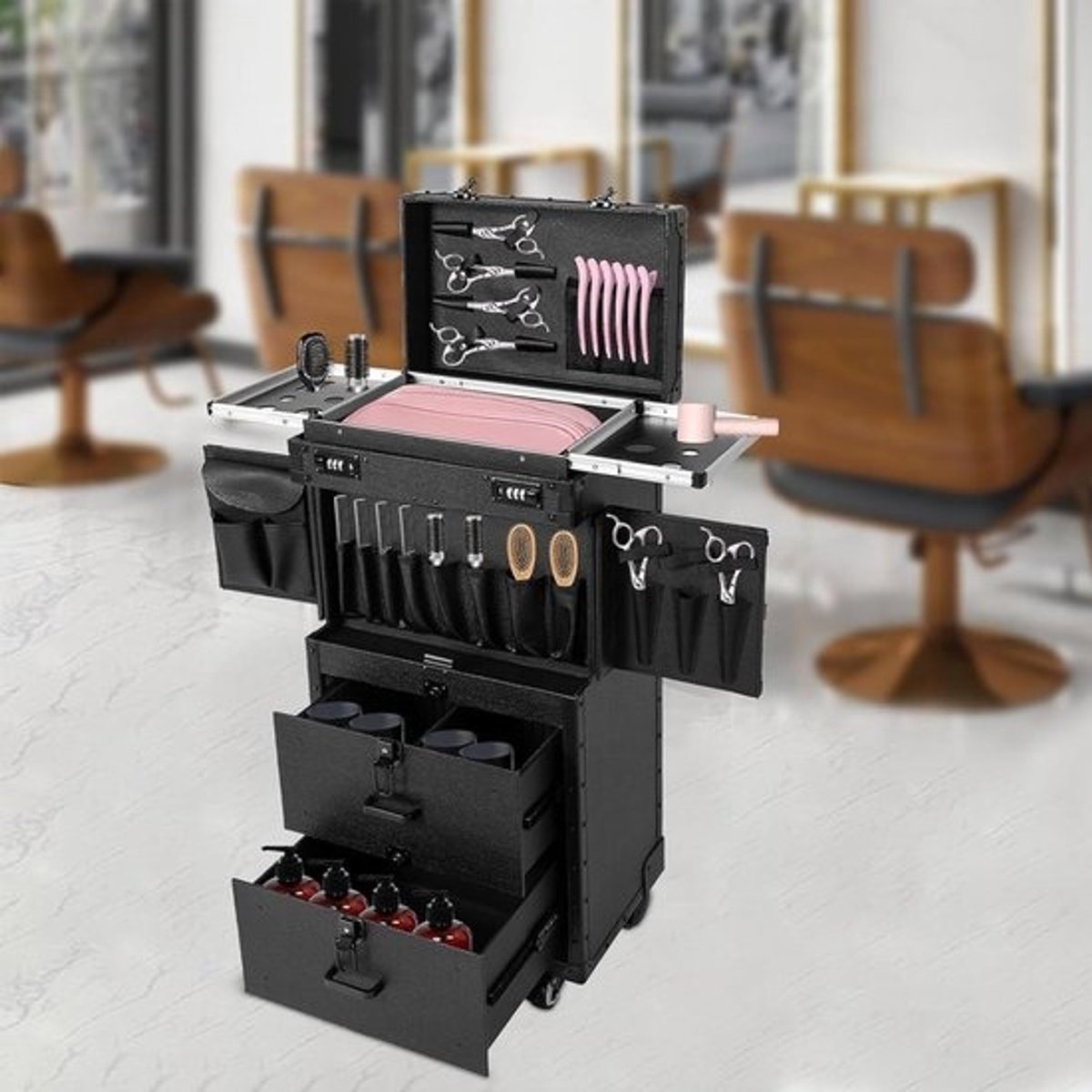 Make-up Koffer - Trolley Koffer - Schoonheidsartikelen Opbergen - Afsluitbaar met Wielen - 38 x 25.5 x 82 cm - Zwart