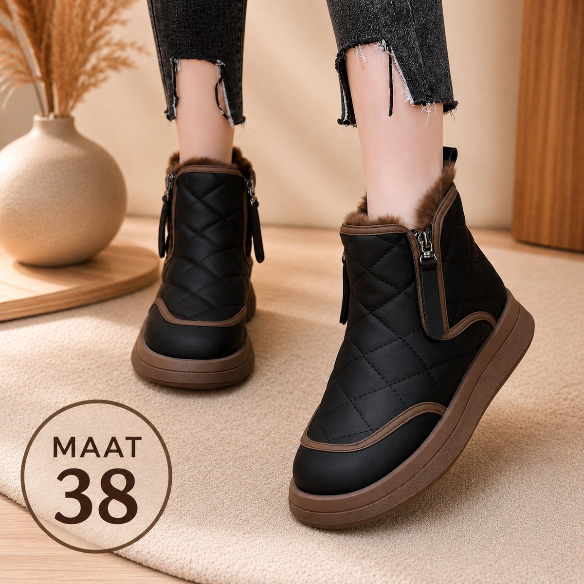 merkloos Casual Winterlaarzen voor Dames Enkellaarzen met Gesp Comfortabele Winterboots Zwart