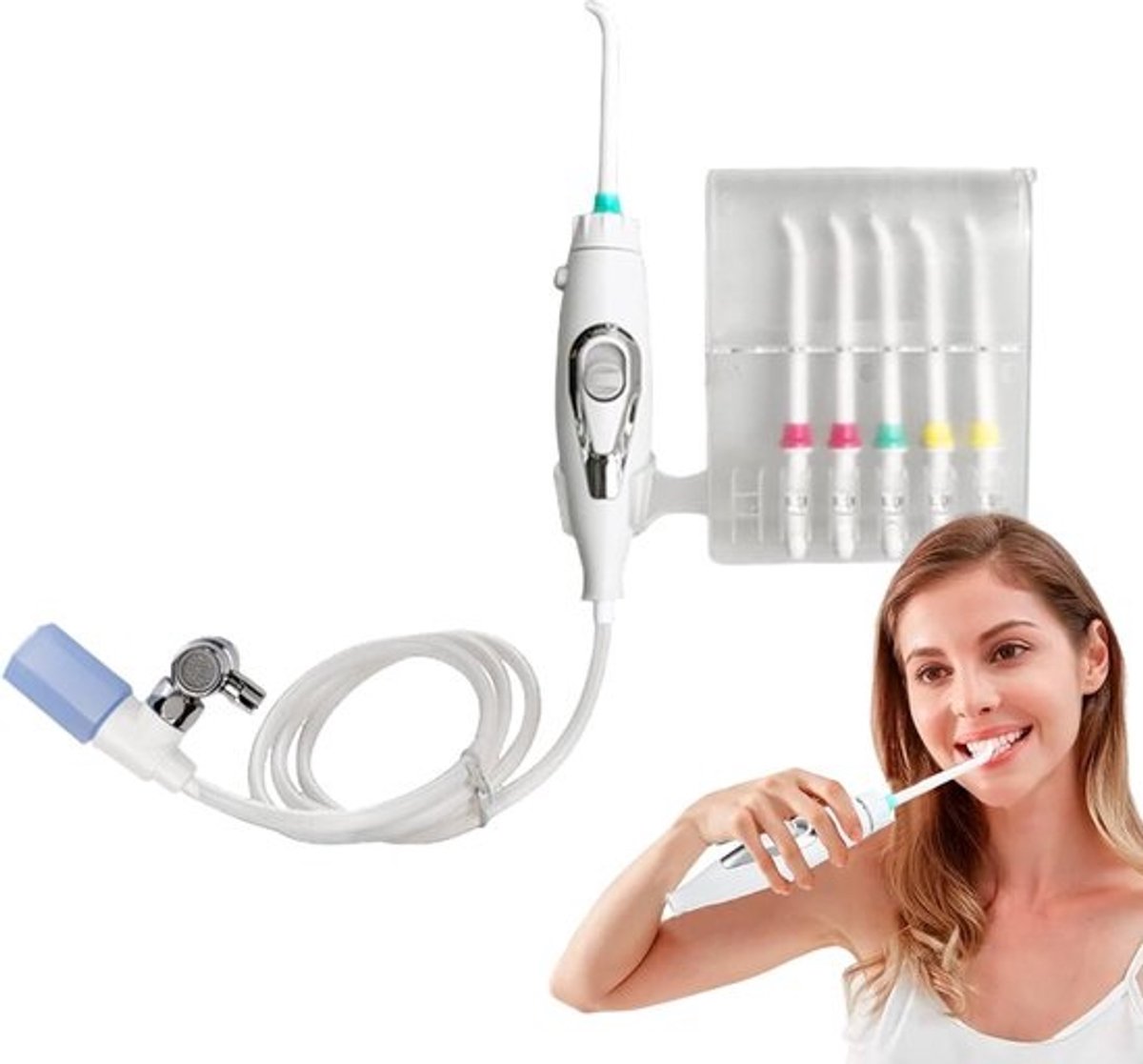 Waterflosser Kraan - Monddouche Mondhygiëne - Tanden Reinigen - Niet-Elektrisch - 6 Sproeiers - Wit