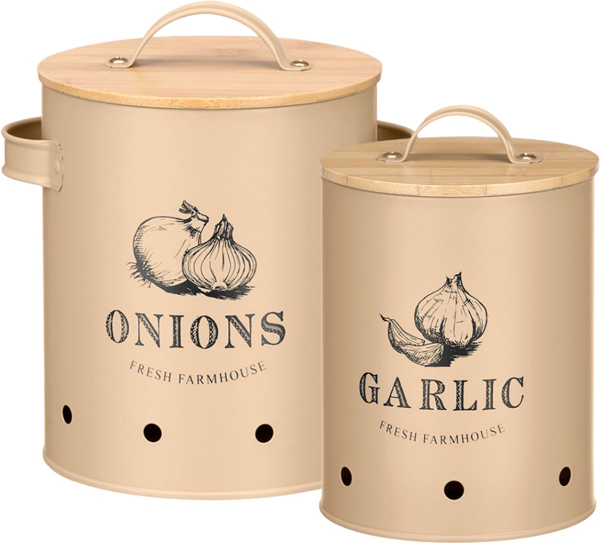 OTIX Voorraadpotten - met Deksel - Beige - Set van 2 - Knoflookpot - Uienpot - Metaal - Bamboe - VIRGO