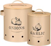 OTIX Voorraadpotten - met Deksel - Beige - Set van 2 - Knoflookpot - Uienpot - Metaal - Bamboe - VIRGO