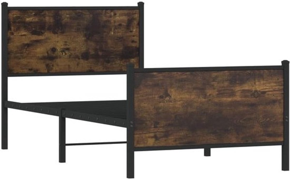 Bedframe met hoofdeinde - Ledikant eenpersoons - Slaapkamer inrichten - Robuust metalen frame - 90x200cm - Gerookt eiken